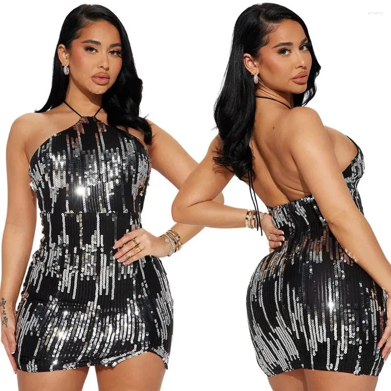 Casual jurken sexy lovertjes halter backless mini jurk vrouwen uit schouder bodycon Party Club Summer Night Clubwear Mode kleding