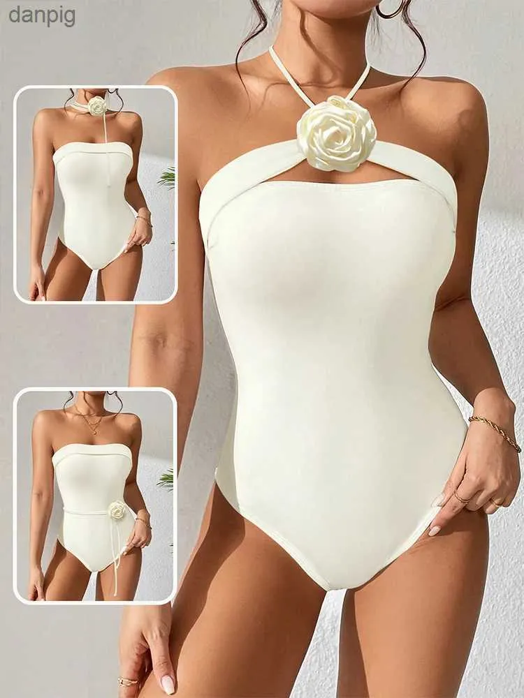 Damskie stroje kąpielowe w białej oblubienicy stroje kąpielowej Korea w stylu One Piece Swimsuit Kobieta 2023 Luksusowe eleganckie stroje kąpielowe Bandeau Bodysuit Girlswear Y240402