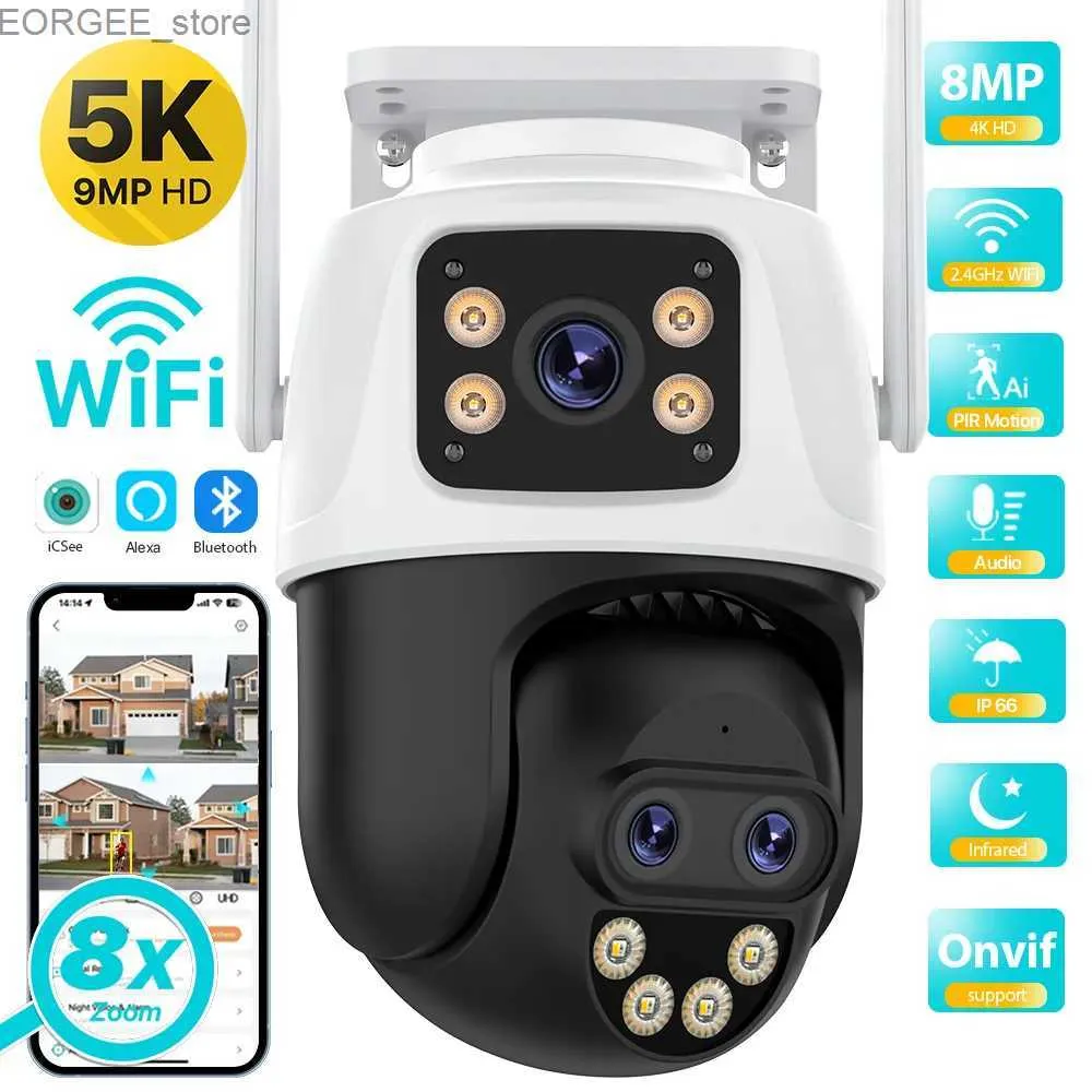 Other CCTV Cameras 5K 9MP HD WIFI IP Camera 8X Zoom Three Lens PTZ Camera Outdoor Dual Screen Motion Detection Security Camera Surveillance iCSee Y240403