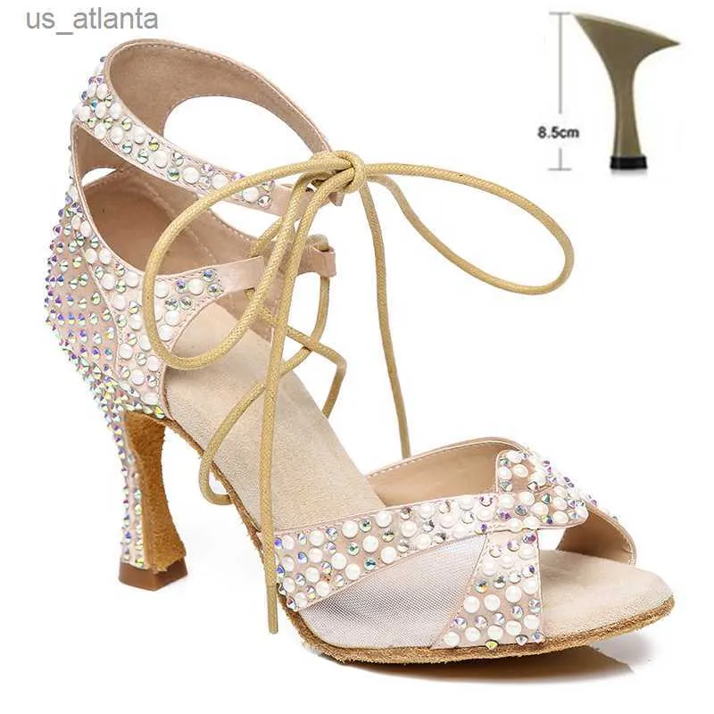 Klänningskor DKZSYIM Pearl Rhinestone Latin Dance Women Ballroom Professional Dancing Soft Sules Party/Weeding High Heels H240403S90B