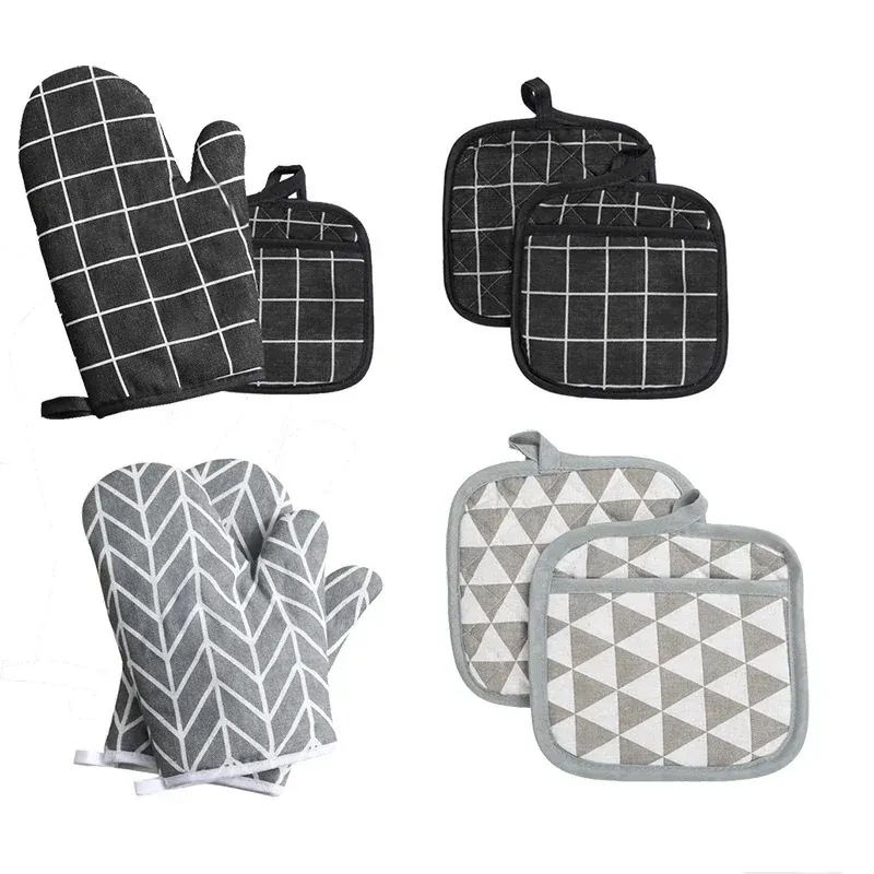 2024 2st kök Potholders Pad and Spove Oven Handskar Set Mitts Värmebeständig termisk anti-värme Ta varm potten matlagningshandskar säker,