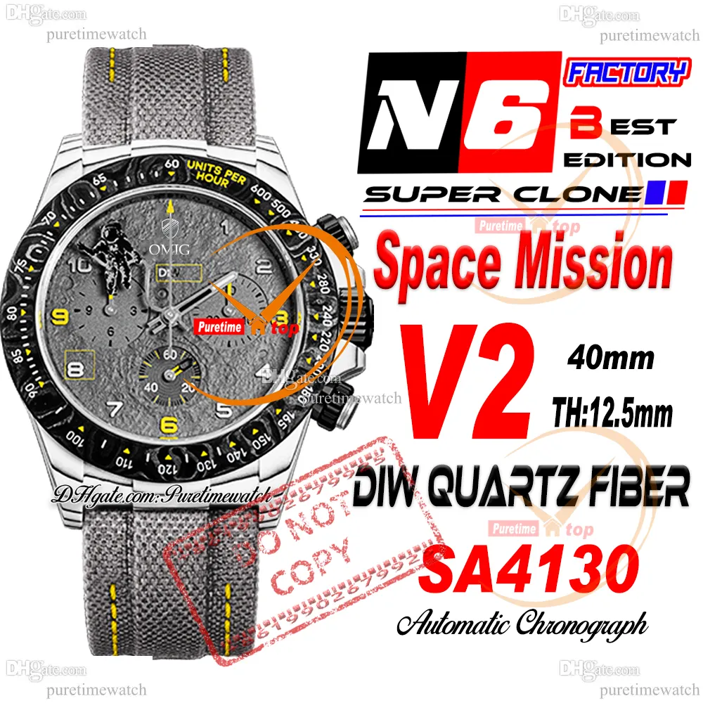 DIW Space Mission Quartz Carbon SA4130 Automatic Chronograph Mens Watch  Gray Yellow Dial Nylon Strap