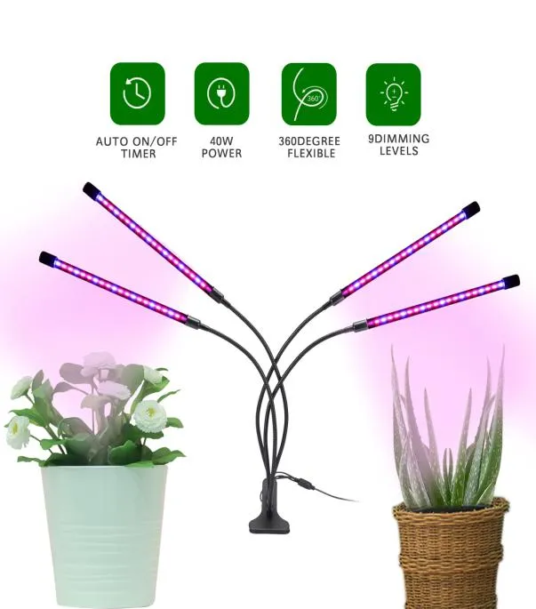 5V USB 4 Head Full Spectrum LED Grow Lights 11080620mm Tube 5W 10W 15W 20W Anpassningsbar med 9 Dimning Leves och 360 graders flex8799384