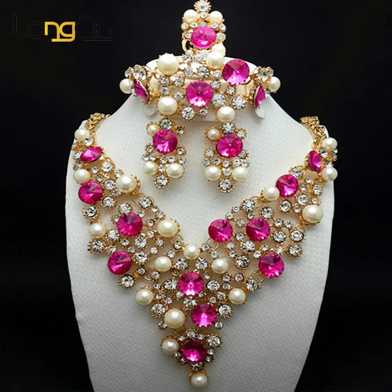 LQ Clearance Nigerian Wedding Pink Crystal Stones African Pärlor smycken Set för kvinnor Elegant Dubai Halsband örhänge Set 240320