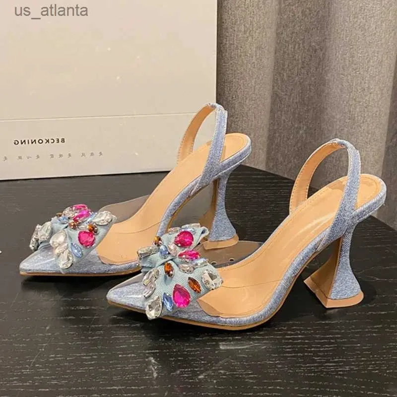 Kleiderschuhe Bowknot Crystal Denim Pumps sexy spitze Zehen High Heels Frauen Sandalen Prom Party Spring Zapatillas de Mujer H240403