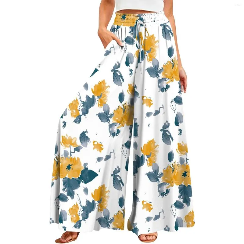 Pantalones de mujeres Fashion Bohemian Leg Wyle Osced Leg Cause Flow de cintura alta en la impresión floral Playa femenina 2024