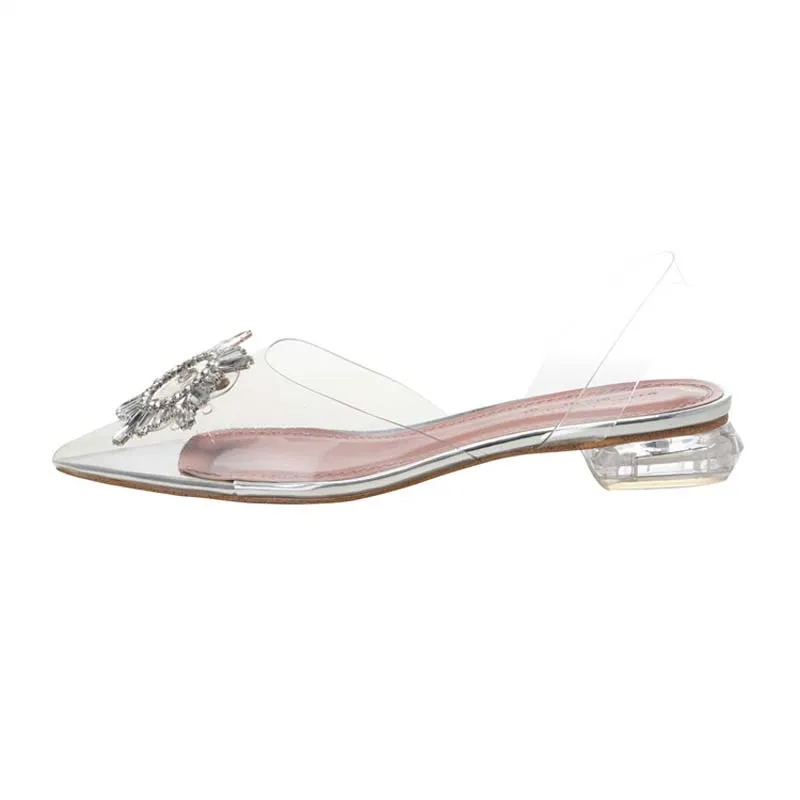 Lyxig sandal platt klackar läderskor kvinna ankel strap party klänning skor chunky höga klackar skor solros strass transparent kristallpetsiga sandaler