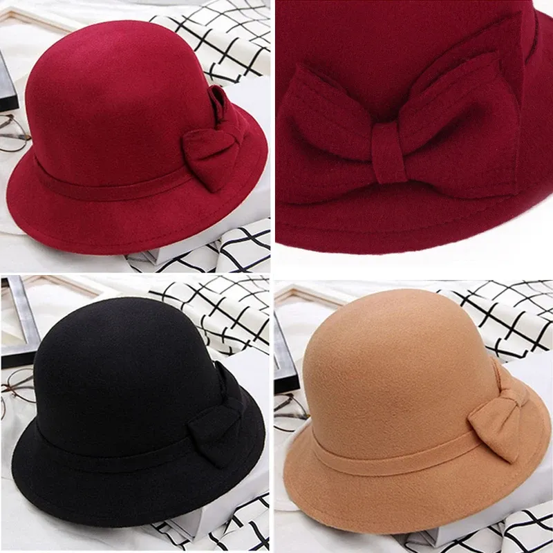 Elegant Womens Wool Felt Bucket Hat Solid Color Dome Fedora  display picture 1