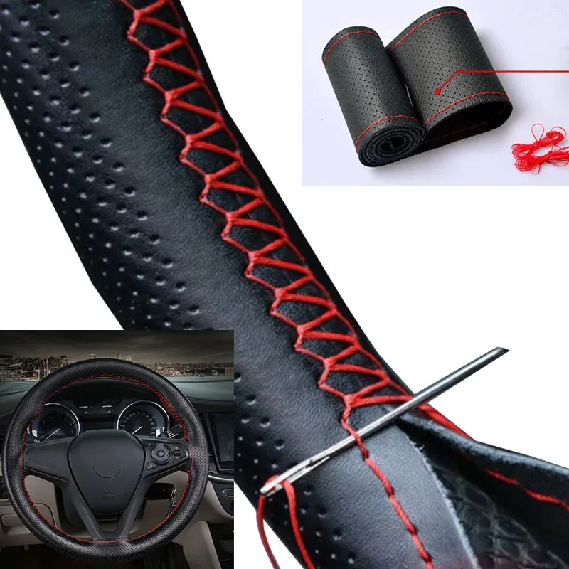 38cm Black DIY Steering Wheel Cover - Carbon Leather Style With Needle & Thread