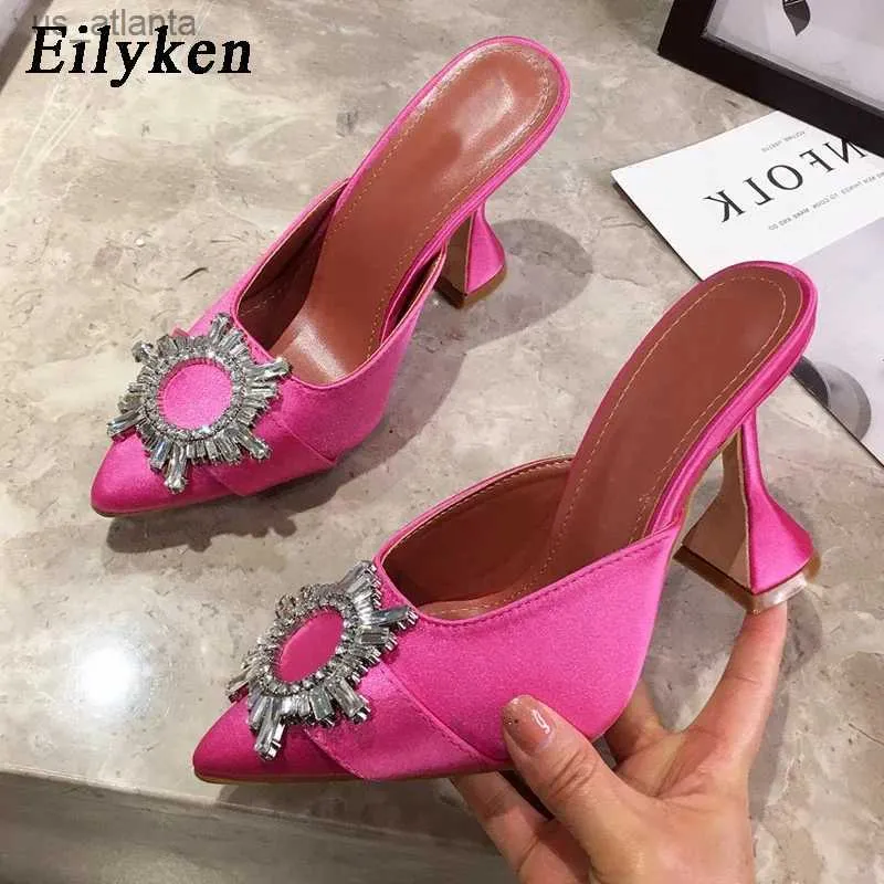 Scarpe eleganti in raso rosa rosa pompe per la moda punta di punta di strass di strass su tacchi alti muli di nozze H240403