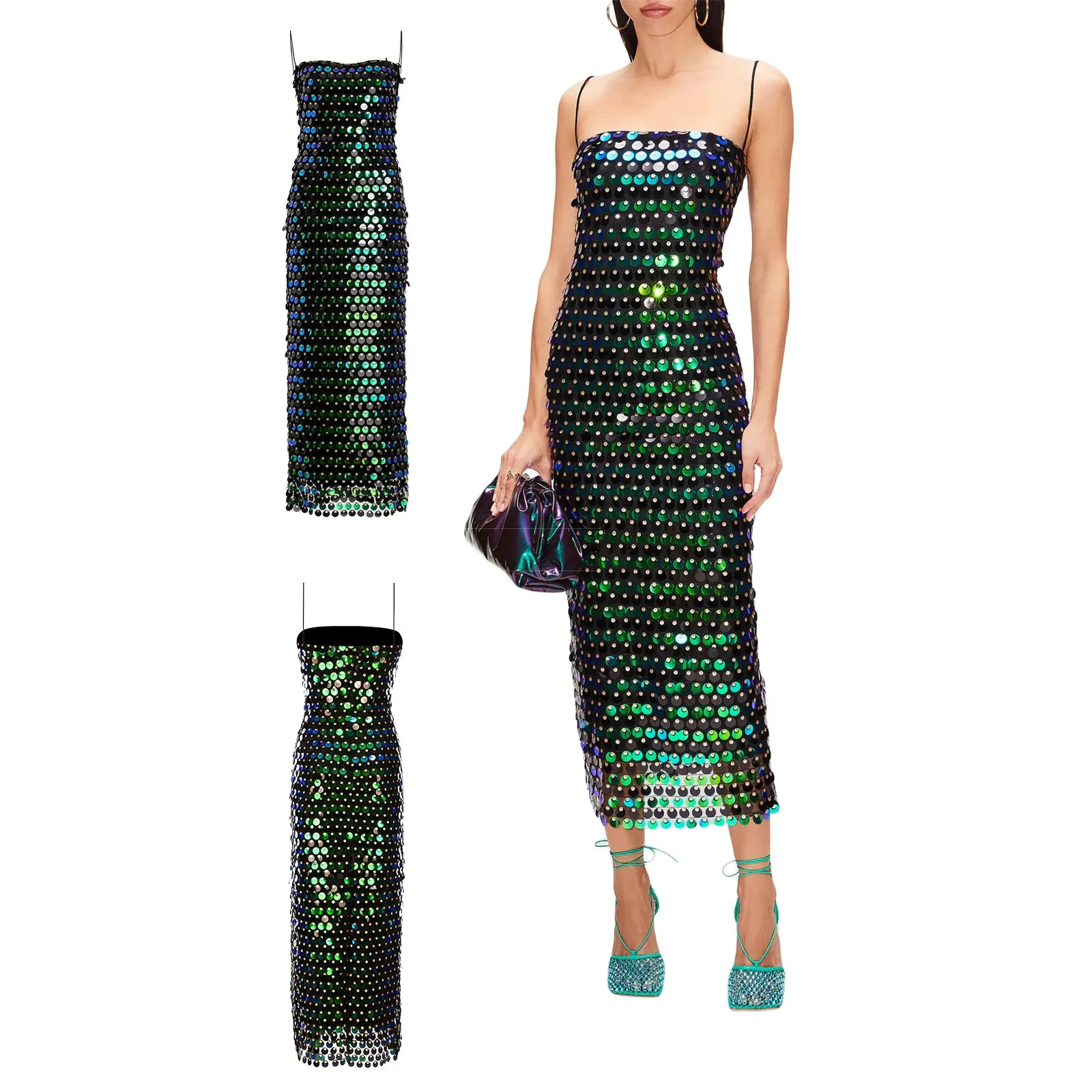2023 Fashion Womens Midi Bodycon платье с блестками Spaghetti ремешки для рукавов коктейль -коктейль лето без спинка клуб 240403