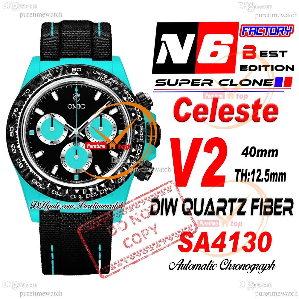 Diw Celeste Quartz Carbon SA4130 Automatic Chronograph Mens Watch N6F V2 Blue Black Dial Nylon Strap Super Edition Même carte de série PureTime Reloj Hombre Ptrx