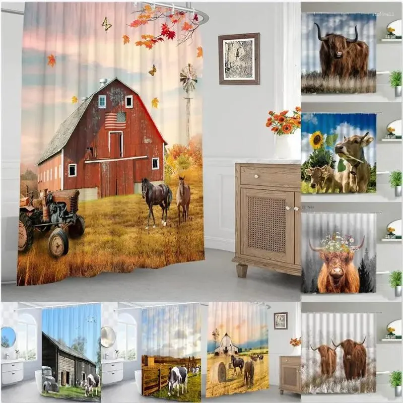 Shower Curtains Highland Cow Set 3D Farm Animal Cattle Farmhouse Decor Polyester Fabric Bathroom Curtain Bathtub Screens Hooks