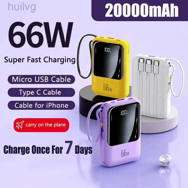 Mobiltelefon Power Banks Mini Power Bank 66W 20000MAH Super Fast Charging Extern Mobile Battery Camping Charger för iPhone Samsung Huawei PowerBank New 2443