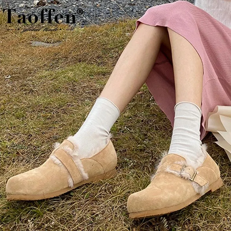 Casual Shoes Taoffen Arrivals Woman Flats Real Leather Plush Warm Winter For Fashion Daily Footwear Size 34-41