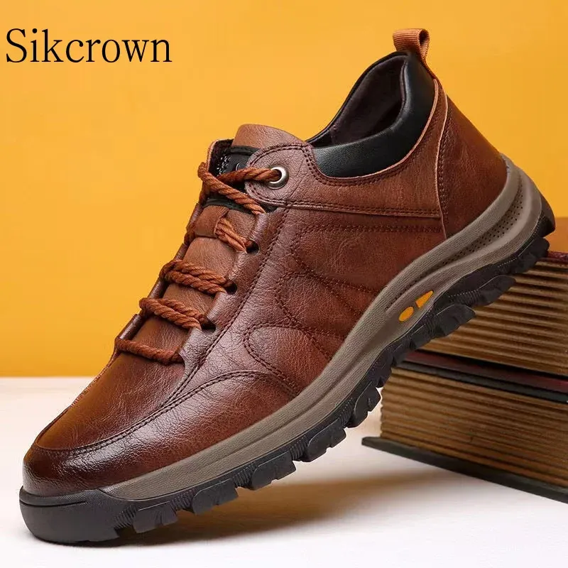 Stövlar bruna sko man sneakers mjuka pu läder vandringskor berg casual klättring nonslip bekväm utomhussporter promenadskor