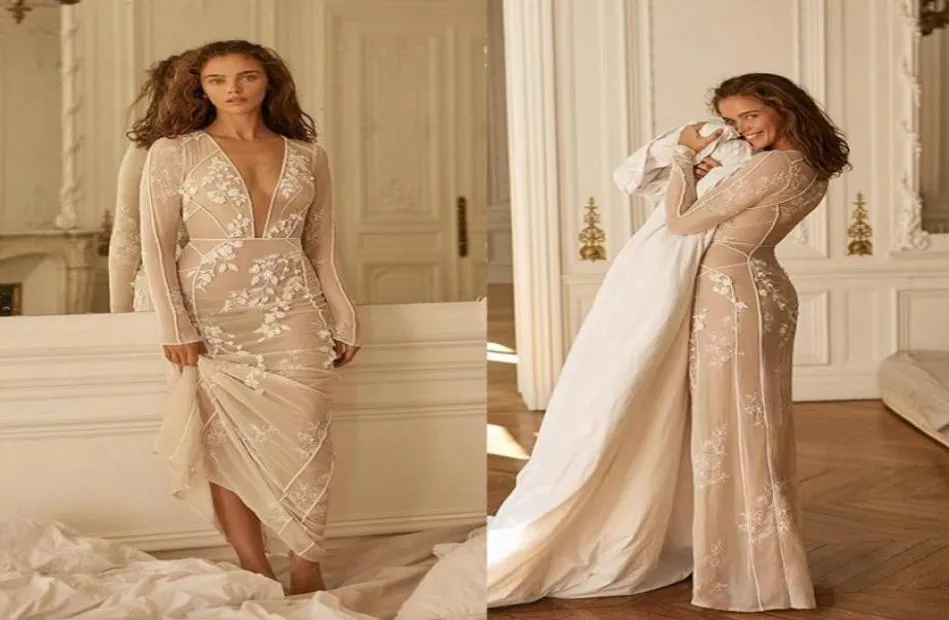 2020 Liz Martinez Deniz Kalan Gelinlikler V Boyun Dantel Aplikler Uzun Kollu Trompet Gelinlik Boho Plaj Gelin Gowns Vestidos6096991