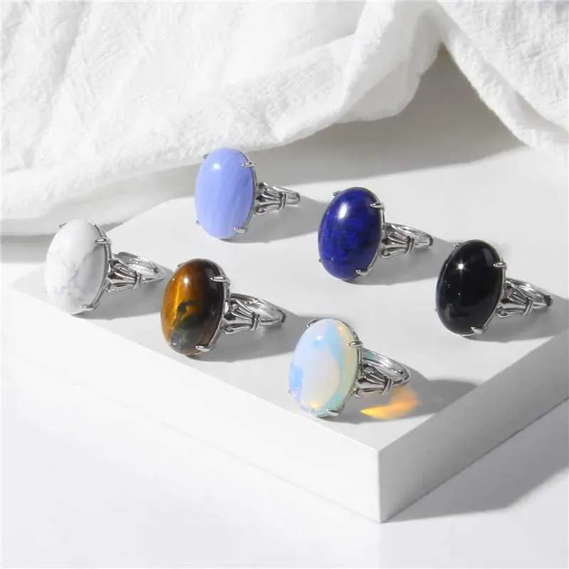 Band Rings Natural Stone Bead Finger Ring 13 * 18mm Tiger Eye Agate Opal Stone Ring Adjustable Silver Simple Ring Suitable for Womens Jewelry GiftsL40402