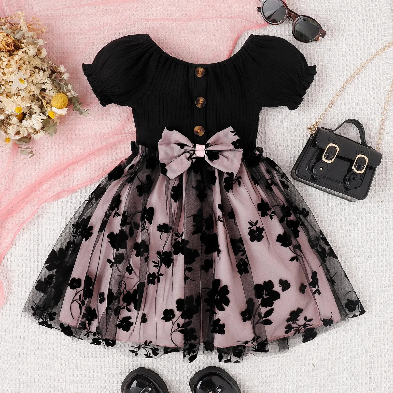 Niños Baby Girls Vestido princesa Vestido de manga corta O Neck Flower Patchwork Aline Girl Bow Bithdya Party Vestidos 47y 240403