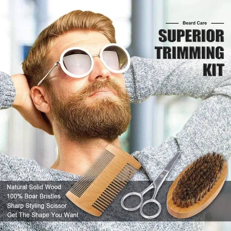 Traje de barba para homens um conjunto de bálsamo de kit de higiene com tesoura escova de tesouros de crescimento diário de cuidados diariamente churrasco