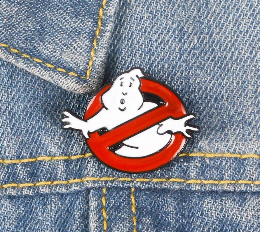 Broche en émail Ghostbusters, broche en Denim fantôme blanc, signe d'interdiction rouge, Badge à revers, humoristique intéressant, drôle, bijoux 8469000