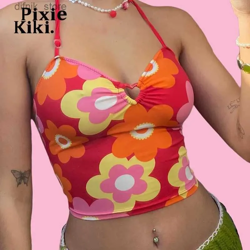 Women's Tanks Camis PixieKiki Y2k Keyhole Halter Top Cute Sexy Summer Clothes for Women Floral Print Camis Tanks 2000s Aesthetic Crop Tops P85-AF10 Y240403