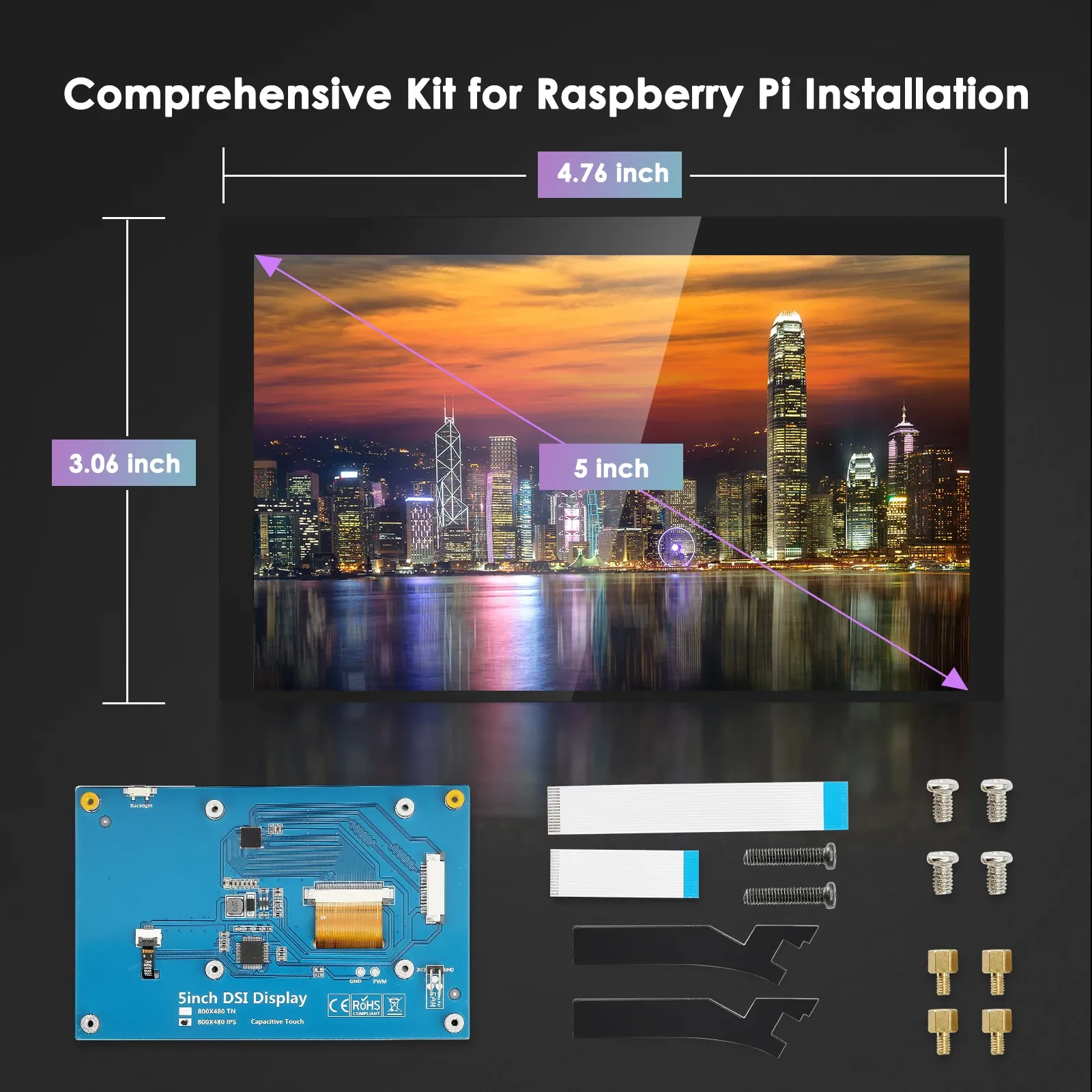 Raspberry Pi 4B/3B /3B/3A /2B/B  Touchscreen Monitor 5 Inch 800x480 IPS Color Capacitive Touch Screen DSI Display For PC Phone