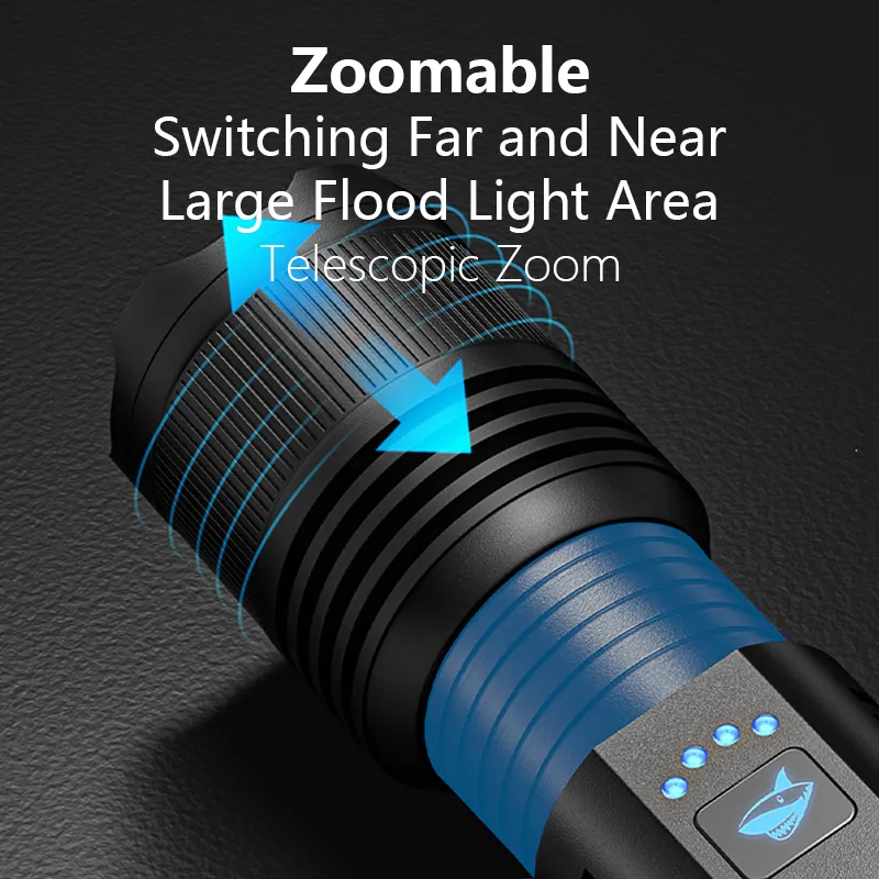 Smiling Shark Lampe de Poche, G2 Lampe Torche LED Ultra Puissante Rechargeable avec Feux Latéraux COB & 3 Modes et Diffuseur Zoomable Lampe Torche