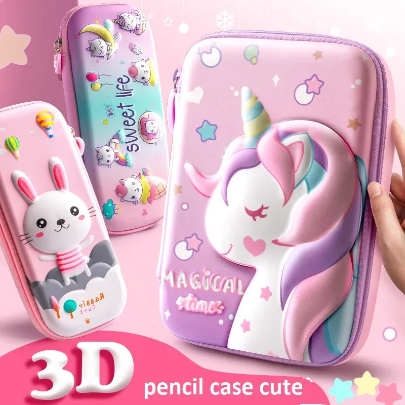 الحالات 3D Unicorn Pencil Cases Eva Pink Pen Bag for School Girl Kawaii Stageery Storage Gift Box Revers Pouch reaser حامل جمالي