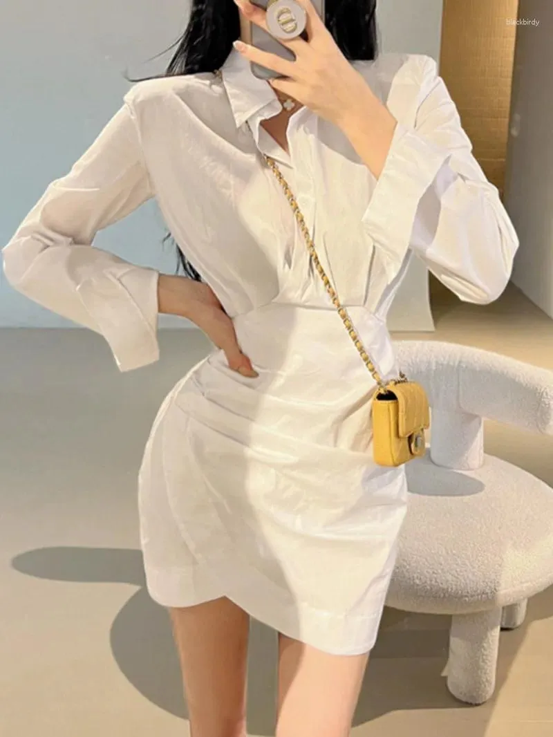 Robes décontractées Nomengaga Korea Shirt Mini robe mince épaule sexy rembourrage ridé à manches longues élégante sweet 2024 J8xx
