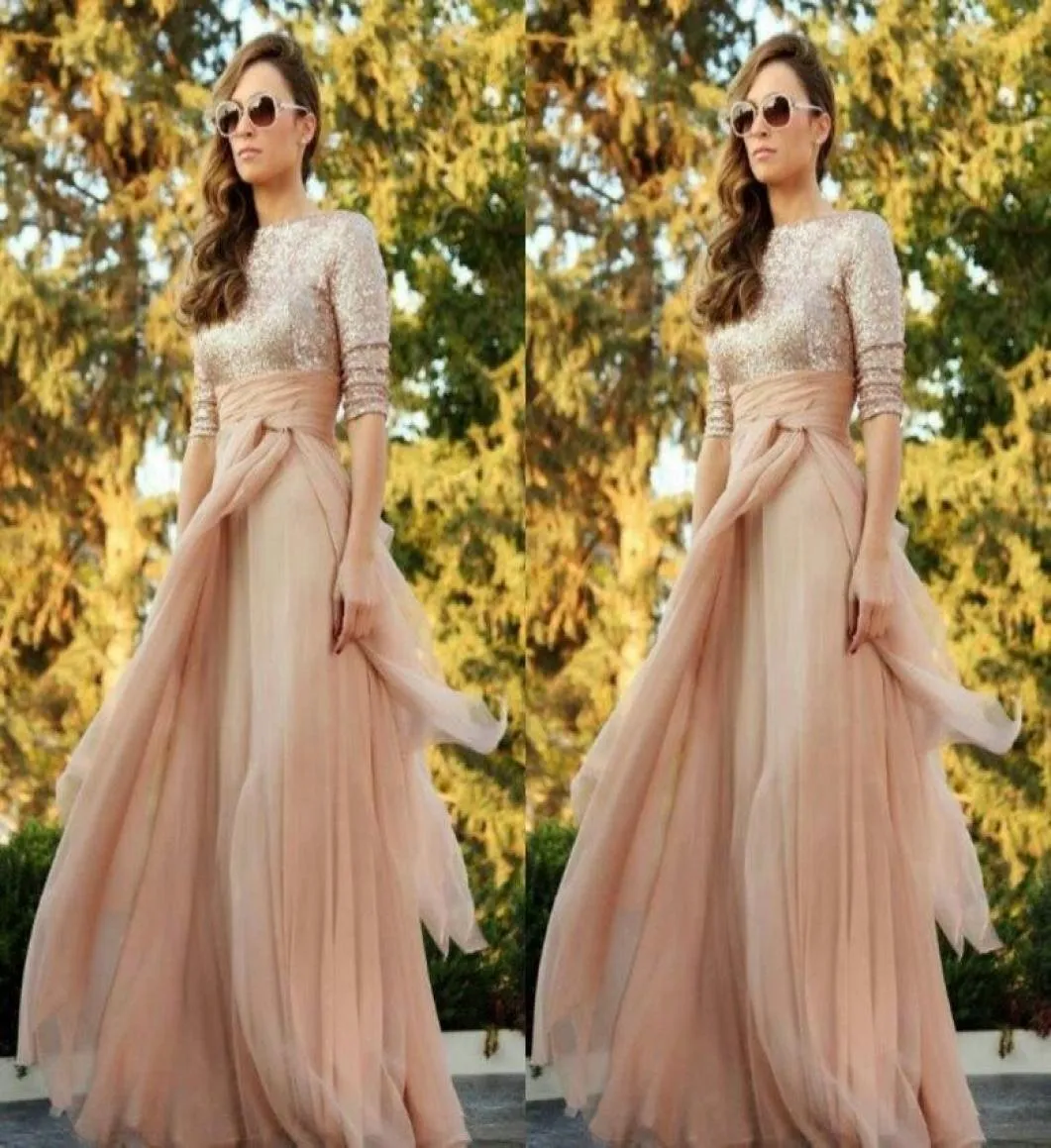 2020 Sparkly Blush Chiffon Bridesmaid Dresses Sexig långärmad paljetter Golvlängd Maid of Honor Dress Plus Size A Line Party Wea3752583