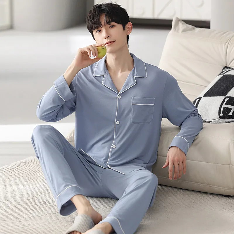 Men's Cotton Pajama Set Long Sleeve T-Shirt Lounge Pants