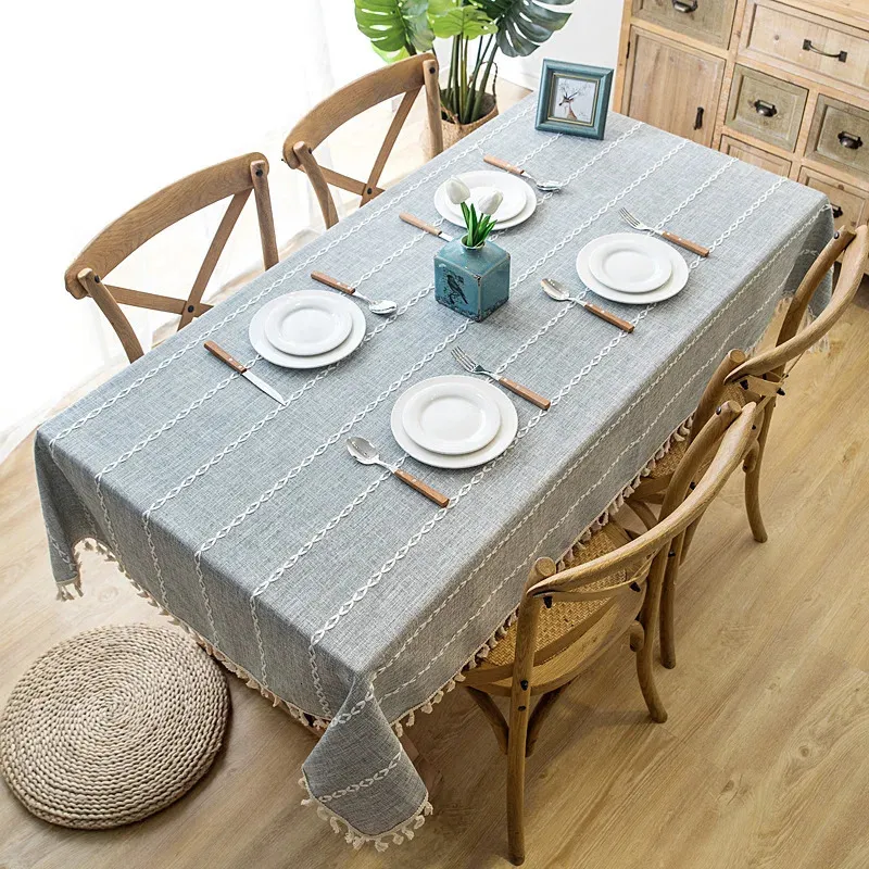 Nappe en lin décorative solide avec gland imperméable épaissir rectangulaire Table à manger de mariage couverture tissu à thé 240322