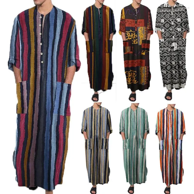 Ethnic Clothing 2024 Men's Muslim Long Sleeve Cotton Striped Robes Summer Islamic Arabian Kaftan Suit Middle East Dubai Abaya Retro