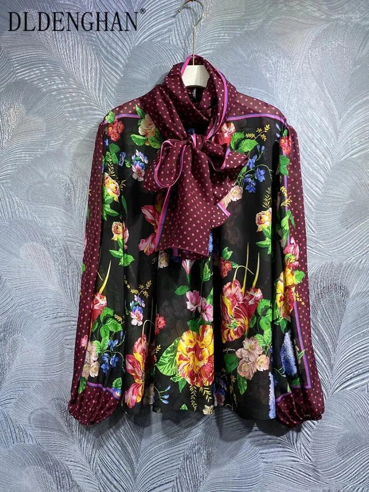 Elegant Silk Blouse Womens Vintage Style Top, Floral Print