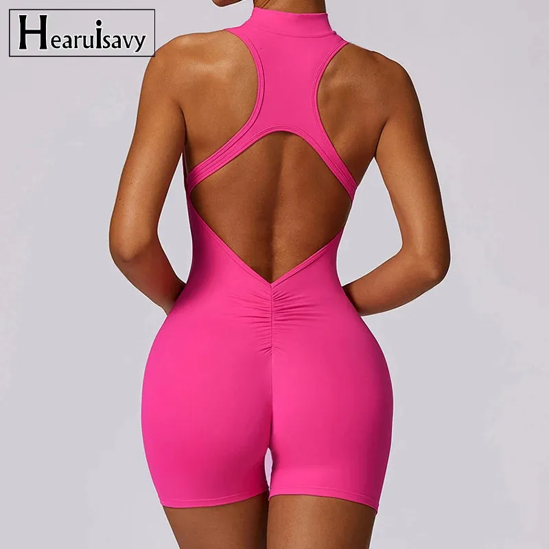 V Back Scrunch Sports Jumpsuit Women Gym Rompert rits mouwloze yoga onepiece suite sportkleding bodysuits 240322