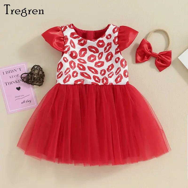 Tregren Sweet Baby Girl Valentines Day Dress Summer Short Sleeve Lips Print Tulle with Headband 2pcs Set Infant Clothes 240403