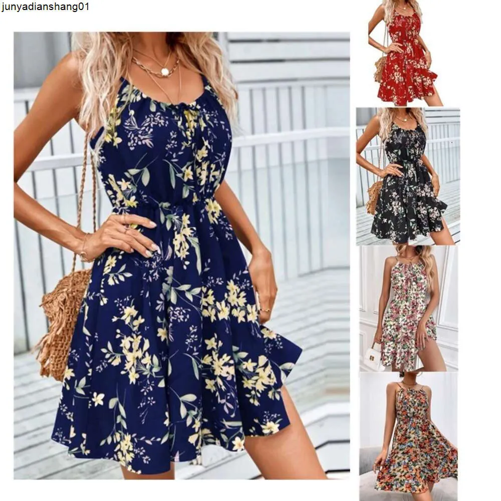 Sommer neu eleganter ärmelloser Kleid Pullover Print elastischer Taillengurt kurzer Rock für Frauen