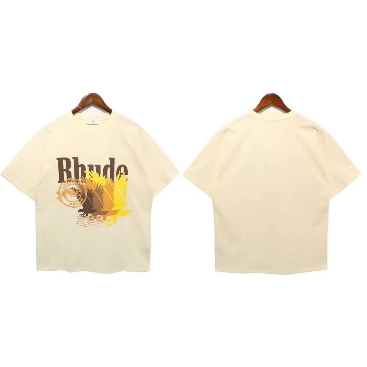 Tik Tok Influencer Samma designer Brand Pure Cotton Rhude Summer New Mens American Fashion Oversize Eagle Letter Printing Short Sleeve T-shirt