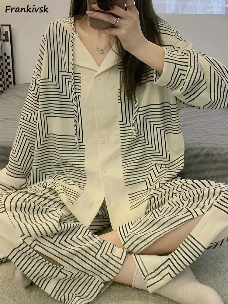 Accueil Vêtements Pyjama Ensembles Pour Femmes Tout Printemps Simple Doux Confortable Style Japonais À Manches Longues Mode Hipster Rayé Vêtements De Nuit Collège