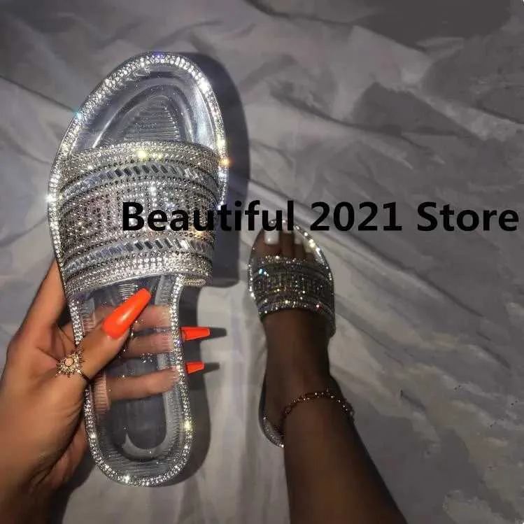 Slippers Womens new round head home flat slider diamond sequin word jelly transparent color casual home sandals/slider J240402