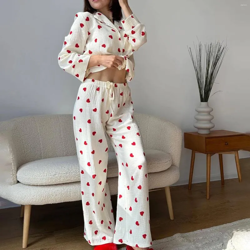 Hemkläder Hirigin Women Y2K Hearth Print Lounge Set 2 Piece Christmas Pyjamas Outfits Lång ärmknapp ner Sleepwear Loungewear