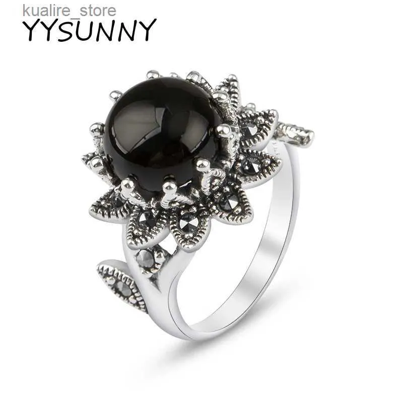 クラスターリングYysunny 925シルバーヒマワシmaxsai Stone Set black chalcedonyレトロハイポアレルギー女性リングL240402