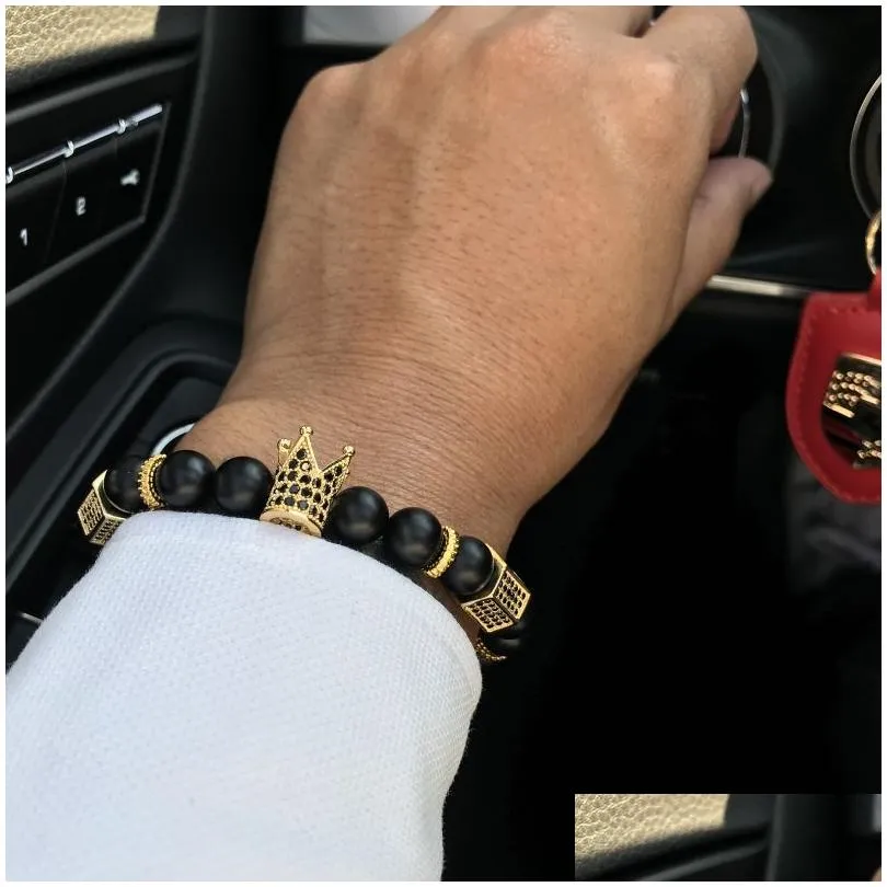 Armband Armband Pave Black CZ Zirconia Gold King Crown Charm Men Stone Bead Valentine Mens smycken Handmade241i Drop Delivery Dhn2m