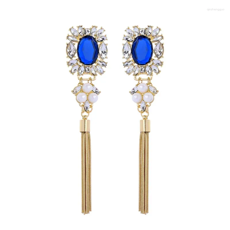 Dangle Earrings Uer 2024 Chic Gold Color Alloy Long Tassel Blue Glass Crystal Women Jewerly Ed01792c