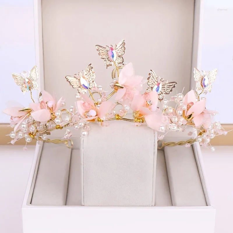 Hair Clips Gold Color Crystal Pearl Butterfly Crown Tiara For Women Bride Headband Bridal Wedding Accessories Jewelry Band