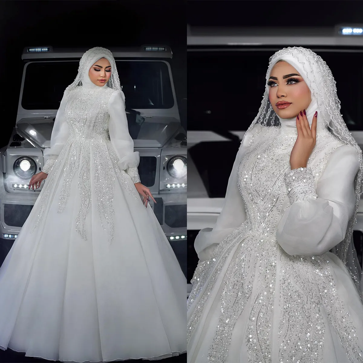 Vestido de noiva de manga longa muçulmana lantejoulas pérolas de bola de noiva feita de pescoço alto Fashion shiny gestido de novia árabe vestido de noiva