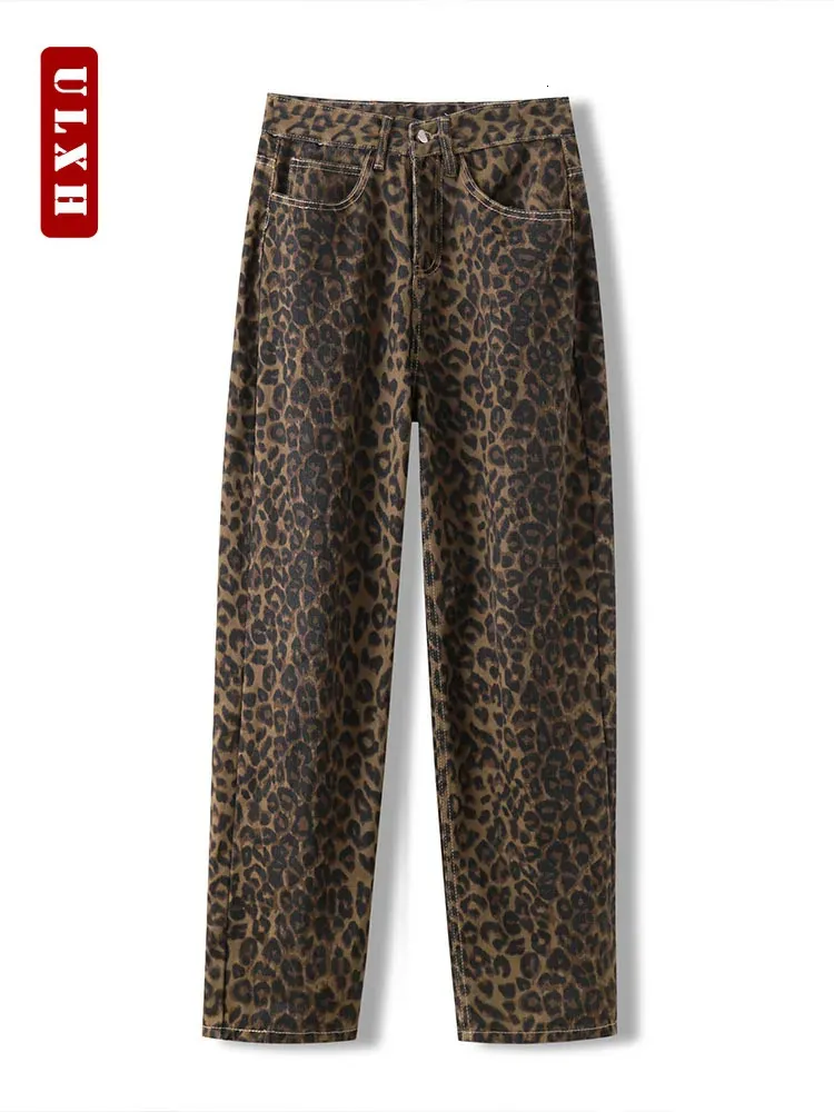 Ulxh leopard hög midja jeans breda ben baggy byxor streetwear byxor y2k mode 2024 mångsidig lös denim mamma 240403