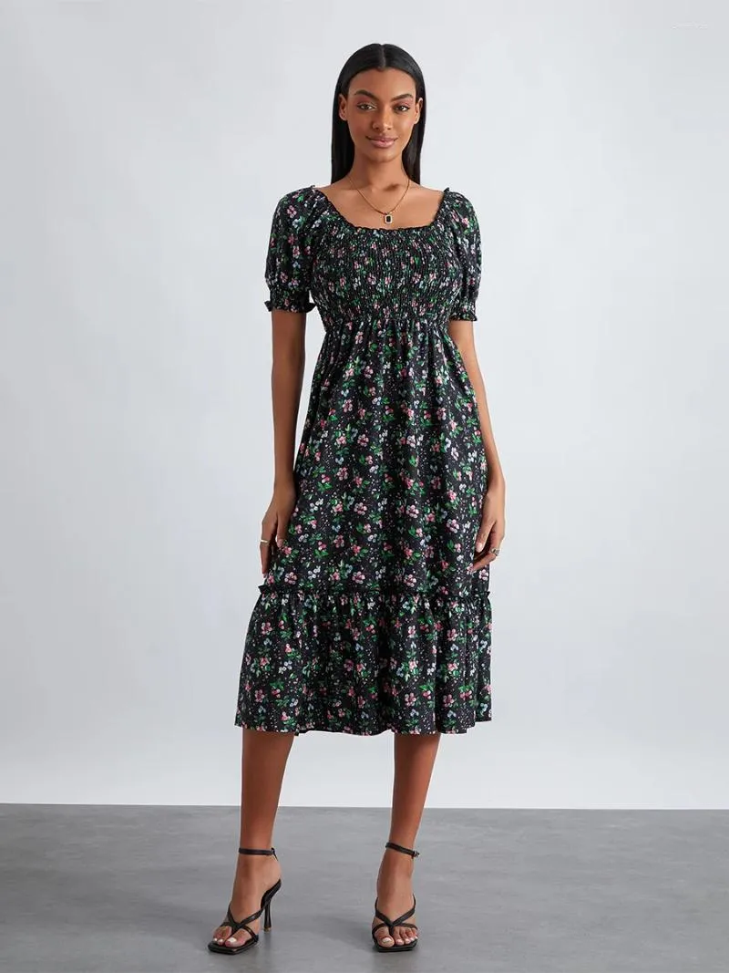 캐주얼 드레스 여성 여름 미디 드레스 꽃 프린트 스퀘어 목 짧은 퍼프 슬리브 A- 라인 ruched 등이없는 S-XL
