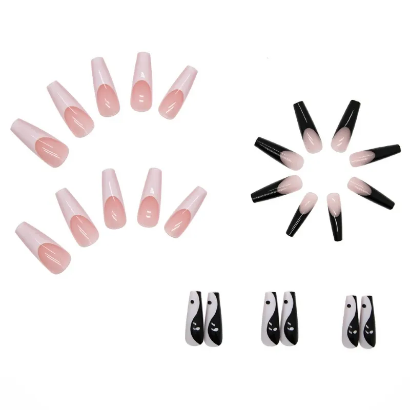 /Box Long Coffin False Nails with White Black Taichi Design Ballerina Fake Nail Patches Press On Nails Manicure Nail Tips